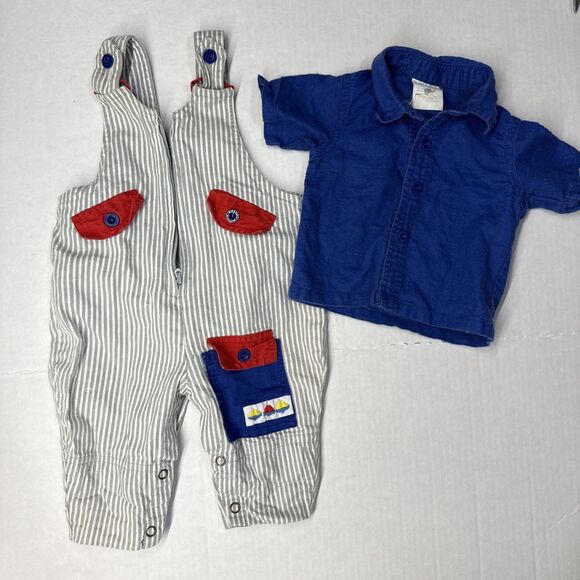 Vintage Happy Kids Gray Stipe Bib Overalls & Button Blue Shirt Size 3-6 Months - Picture 4 of 13